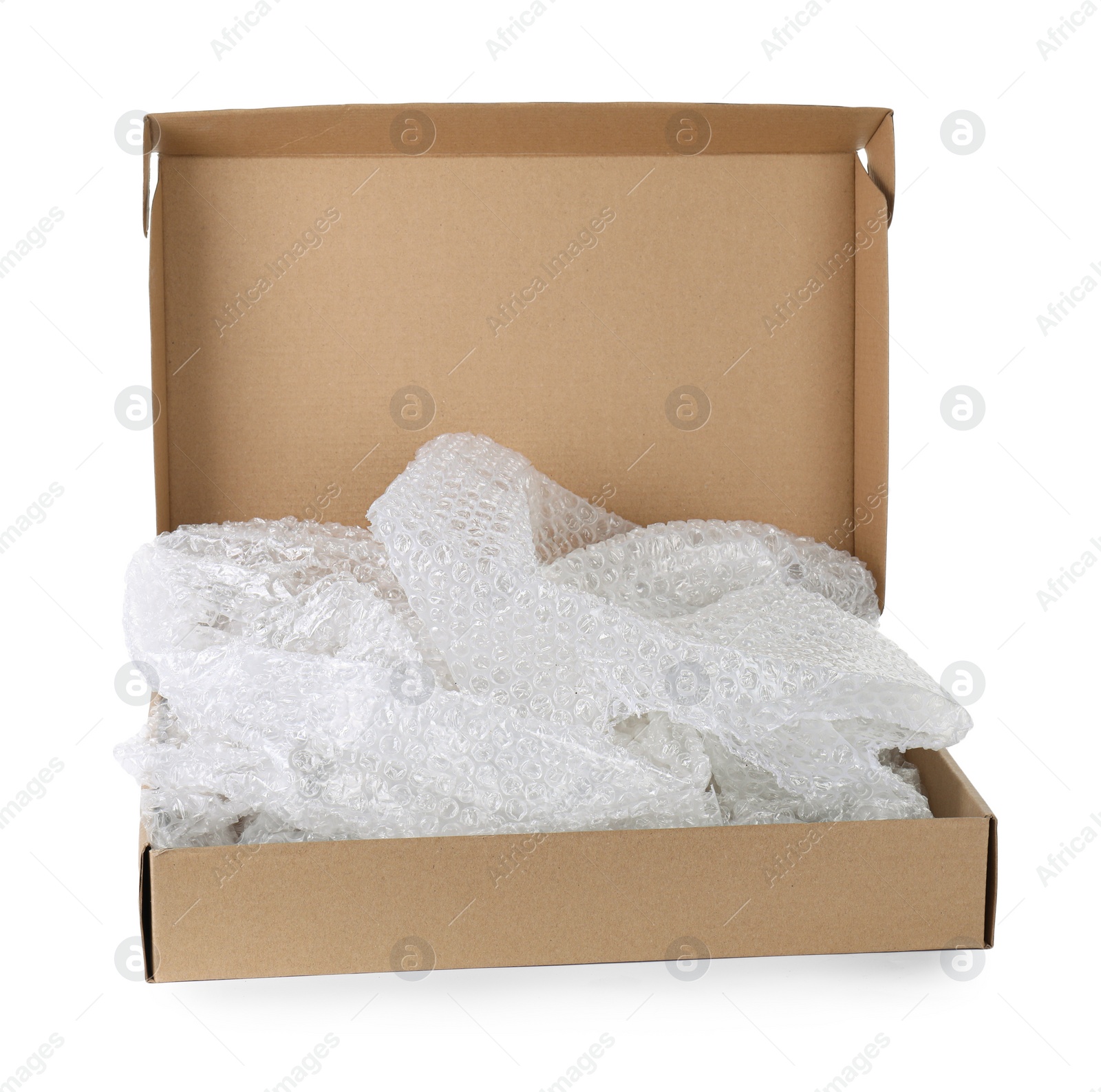 Photo of Transparent bubble wrap in cardboard box isolated on white