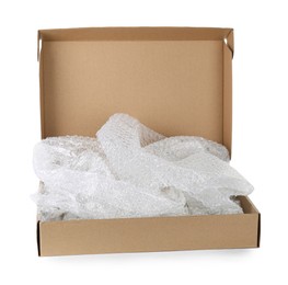 Photo of Transparent bubble wrap in cardboard box isolated on white