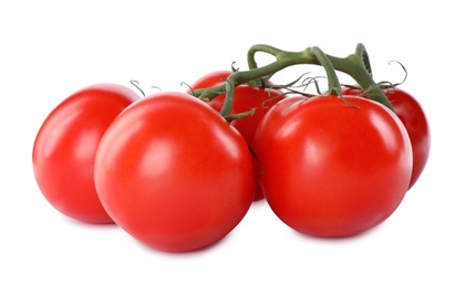 Photo of Branch of fresh cherry tomatoes isolated on white