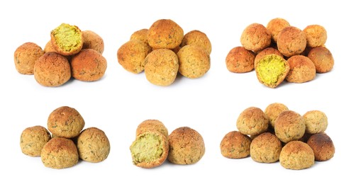 Image of Set with delicious deep fried falafel balls on white background. Banner design 