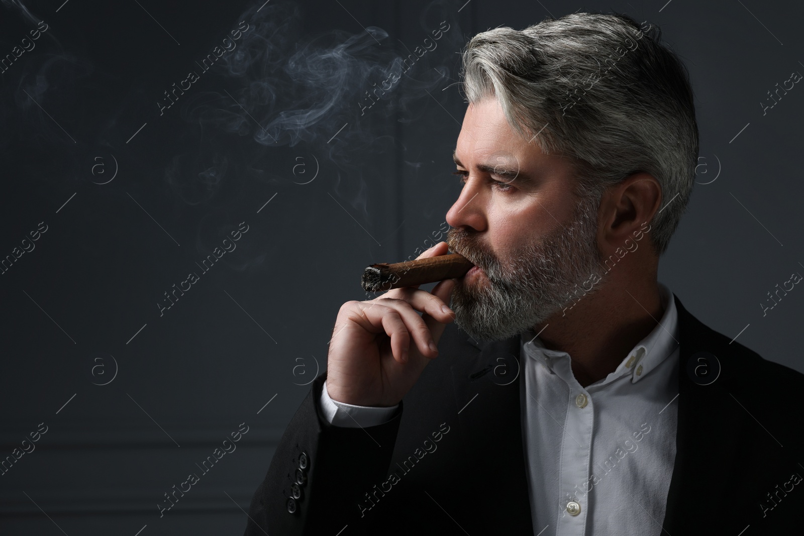 Photo of Handsome bearded man smoking cigar against dark grey background. Space for text