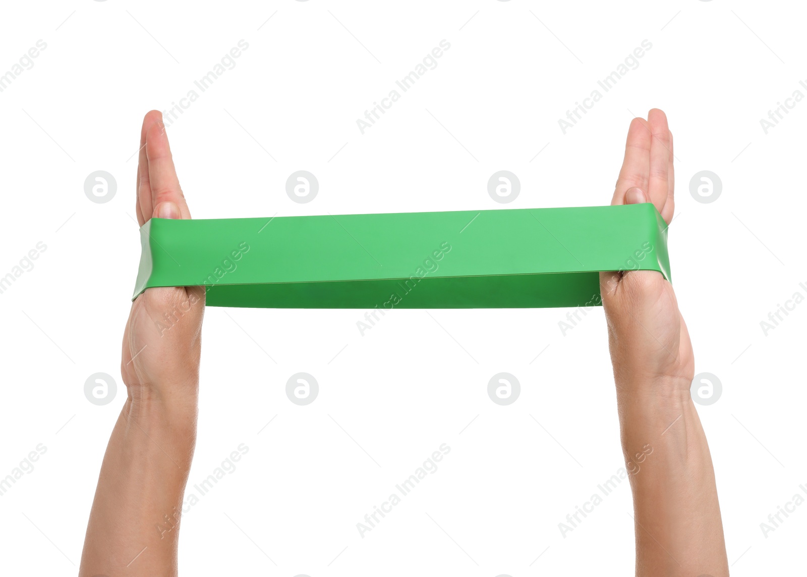 Photo of Woman with elastic resistance band on white background, closeup of hands