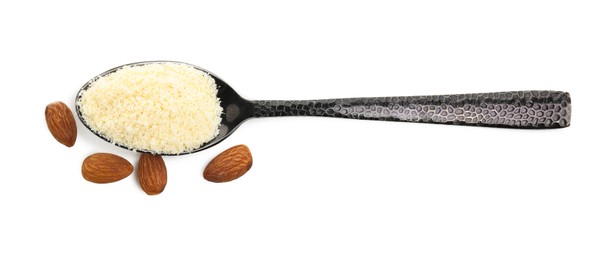 Spoon of almond flour and nuts on white background, top view