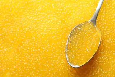 Photo of Fresh pike caviar and spoon, closeup. Space for text