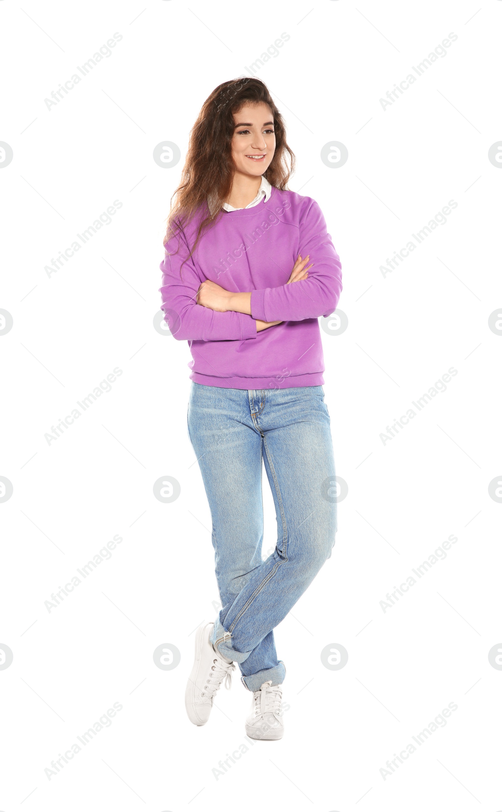 Photo of Beautiful young woman in stylish clothes on white background