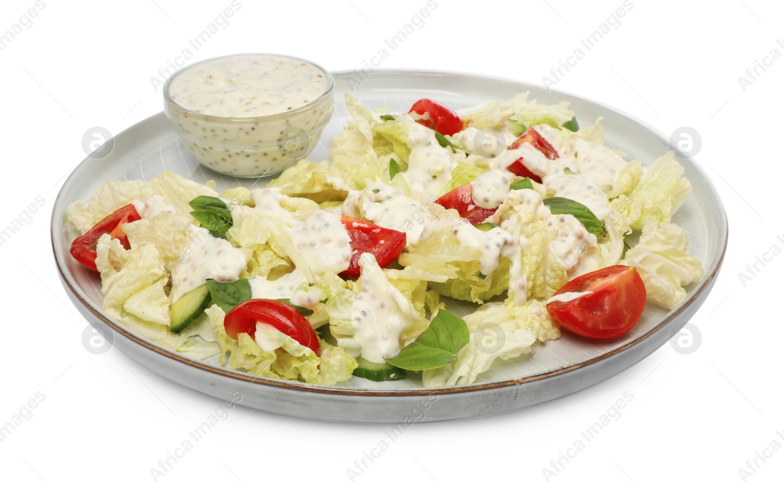 Photo of Delicious salad with Chinese cabbage, tomatoes, cucumber and dressing isolated on white