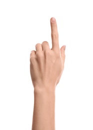 Woman pointing at something on white background, closeup of hand