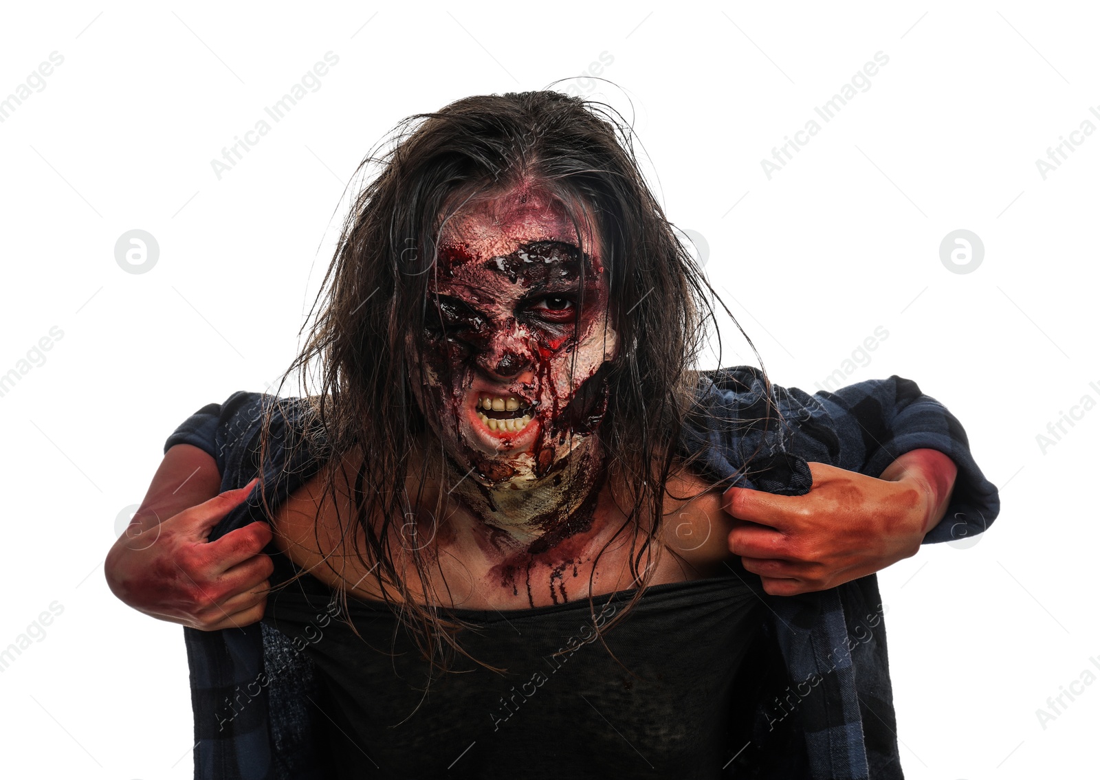 Photo of Scary zombie on white background. Halloween monster