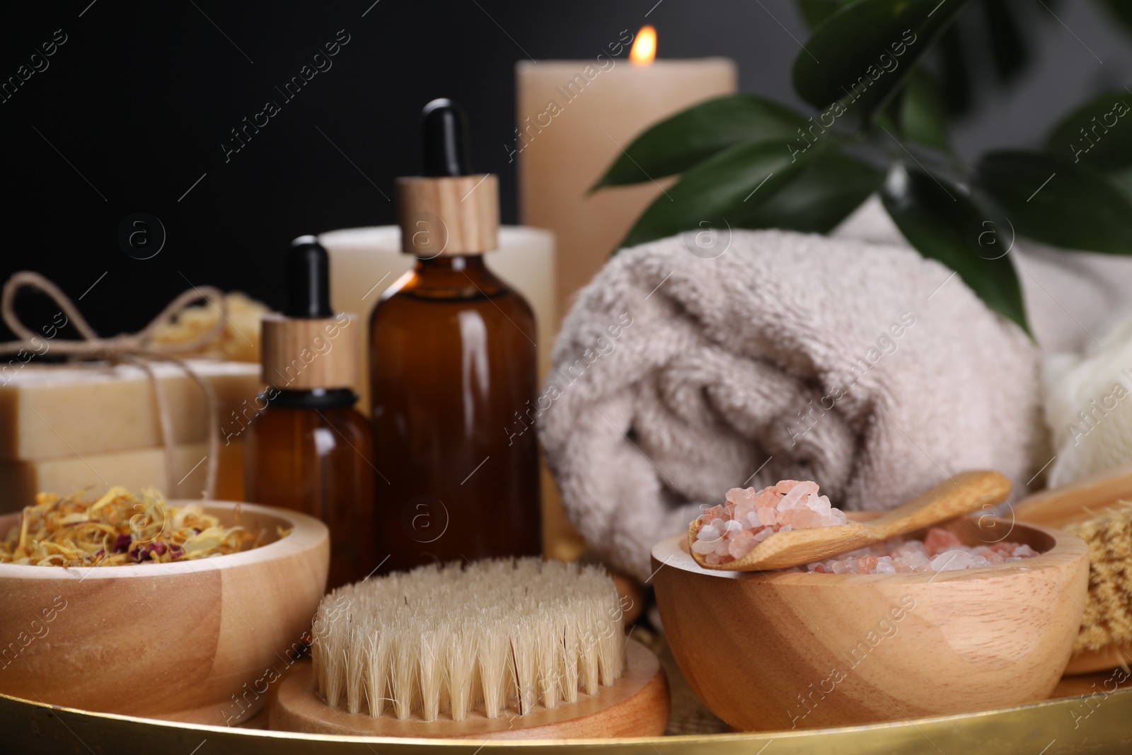 Photo of Spa composition. Brush, bottles and sea salt on tray, closeup