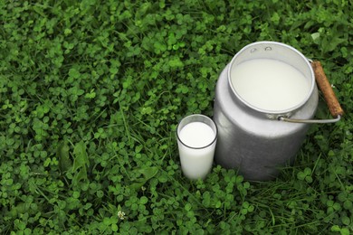 Can and glass with fresh milk on green grass outdoors, space for text