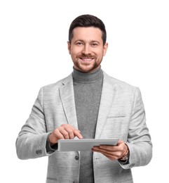 Handsome bearded businessman using tablet on white background