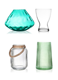 Set of empty glass vases on white background