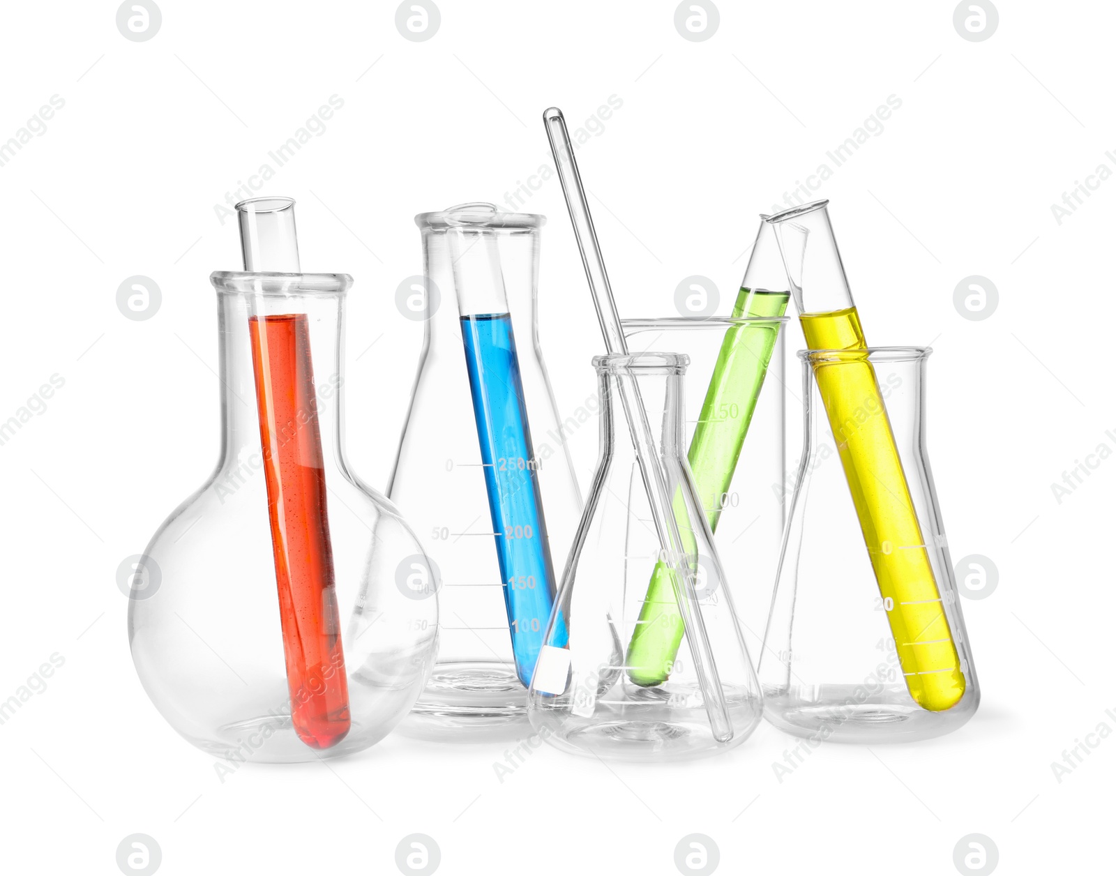 Photo of Glass flasks, beaker and test tubes with colorful liquids isolated on white