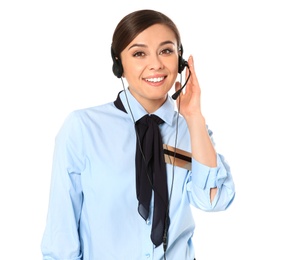 Photo of Female receptionist with headset on white background