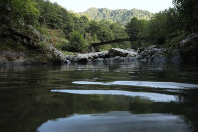 Beautiful view of small river under wooden bridge outdoors