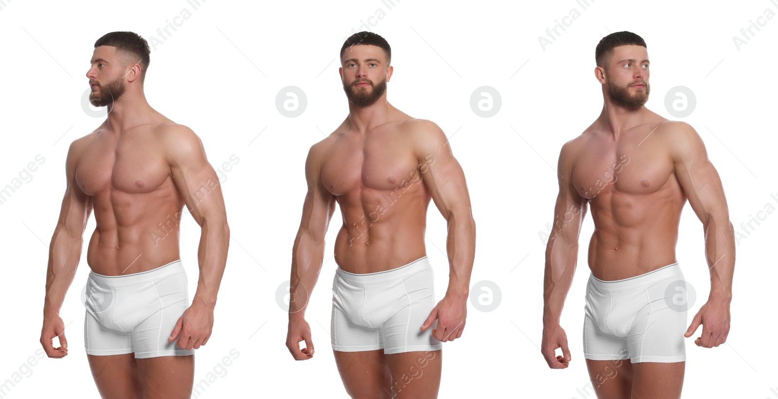 Image of Handsome man in stylish underwear on white background, set of photos