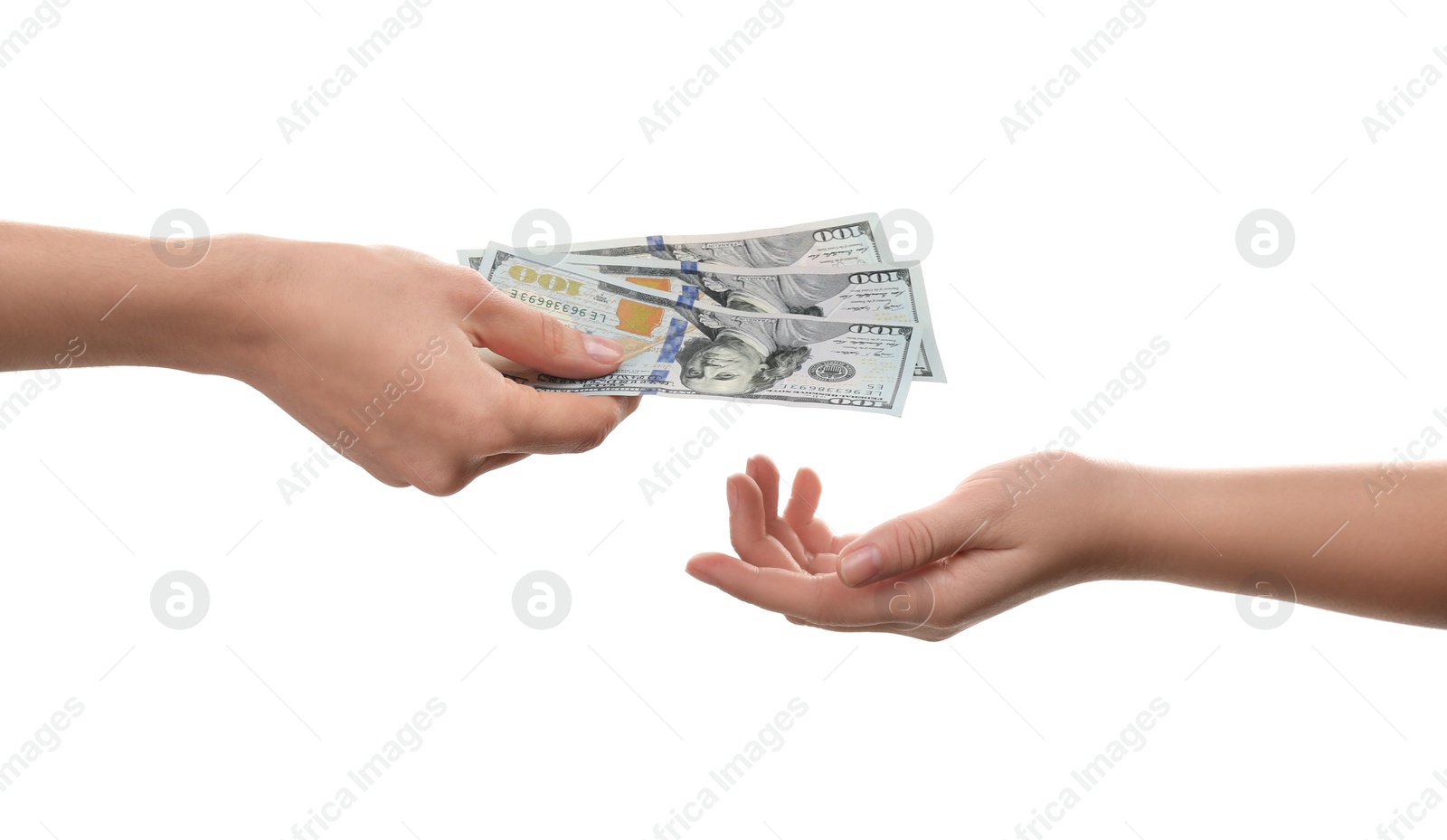 Photo of Woman giving money on white background, closeup