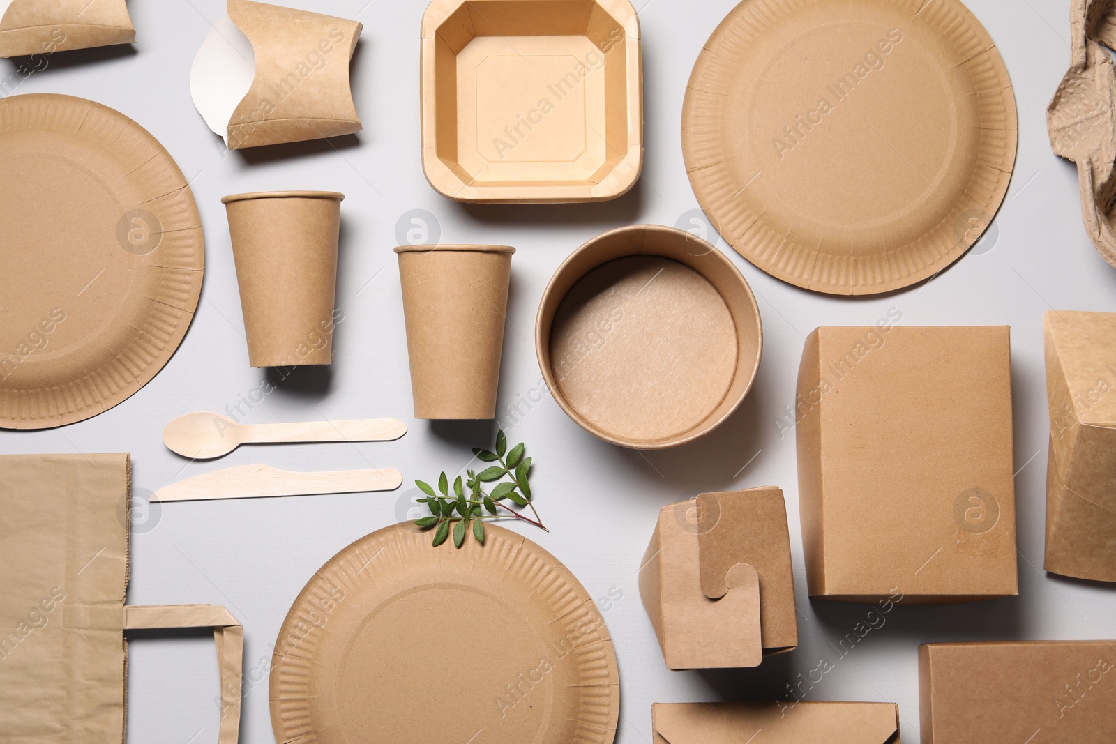 Photo of Flat lay composition with eco friendly food packagings and twig on light grey background