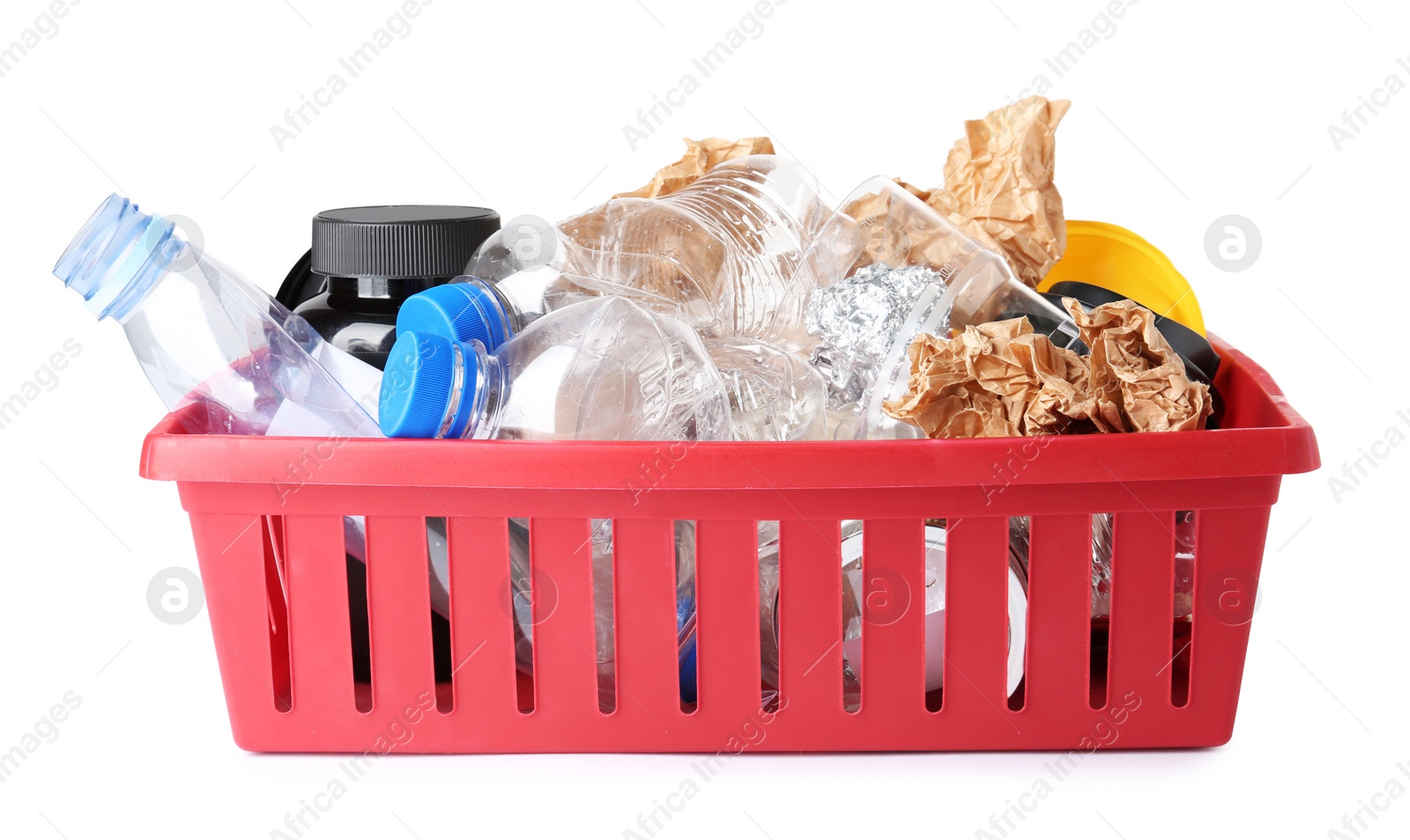 Photo of Crate with different garbage on white background. Trash recycling