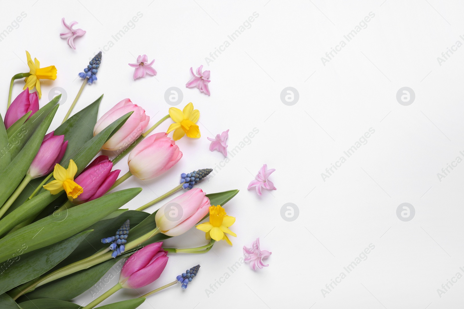 Photo of Beautiful flowers on white background, flat lay. Space for text