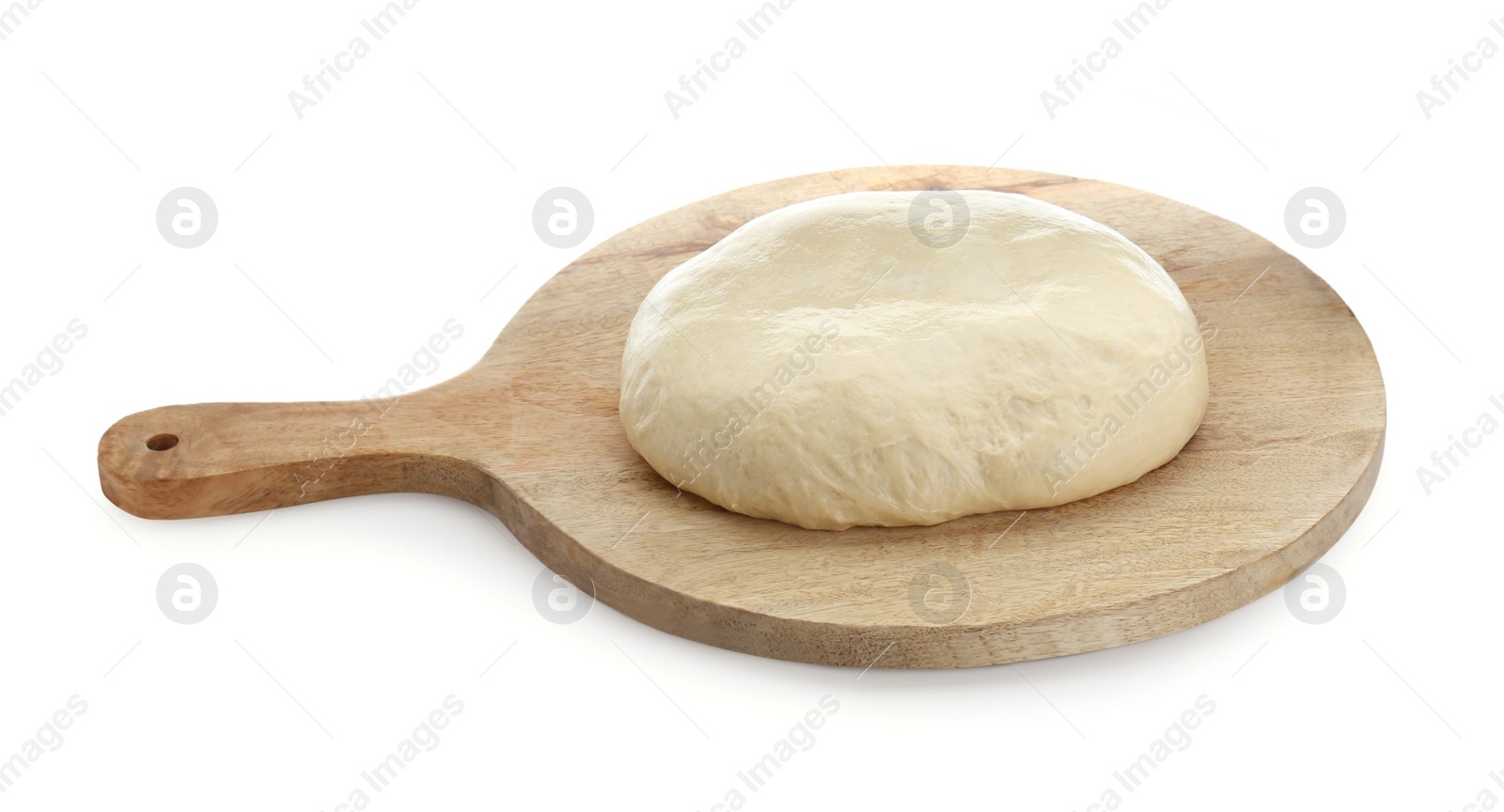 Photo of Fresh yeast dough and wooden board isolated on white