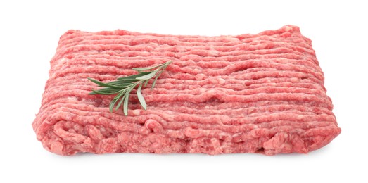 Photo of Raw ground meat and rosemary isolated on white