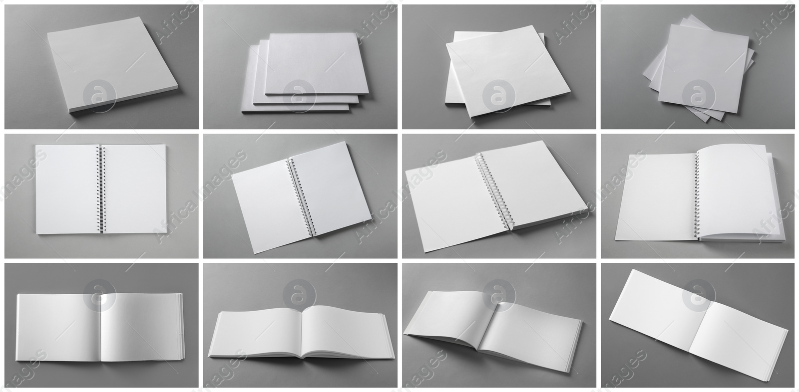 Image of Open blank brochures on grey background, collage. Banner design