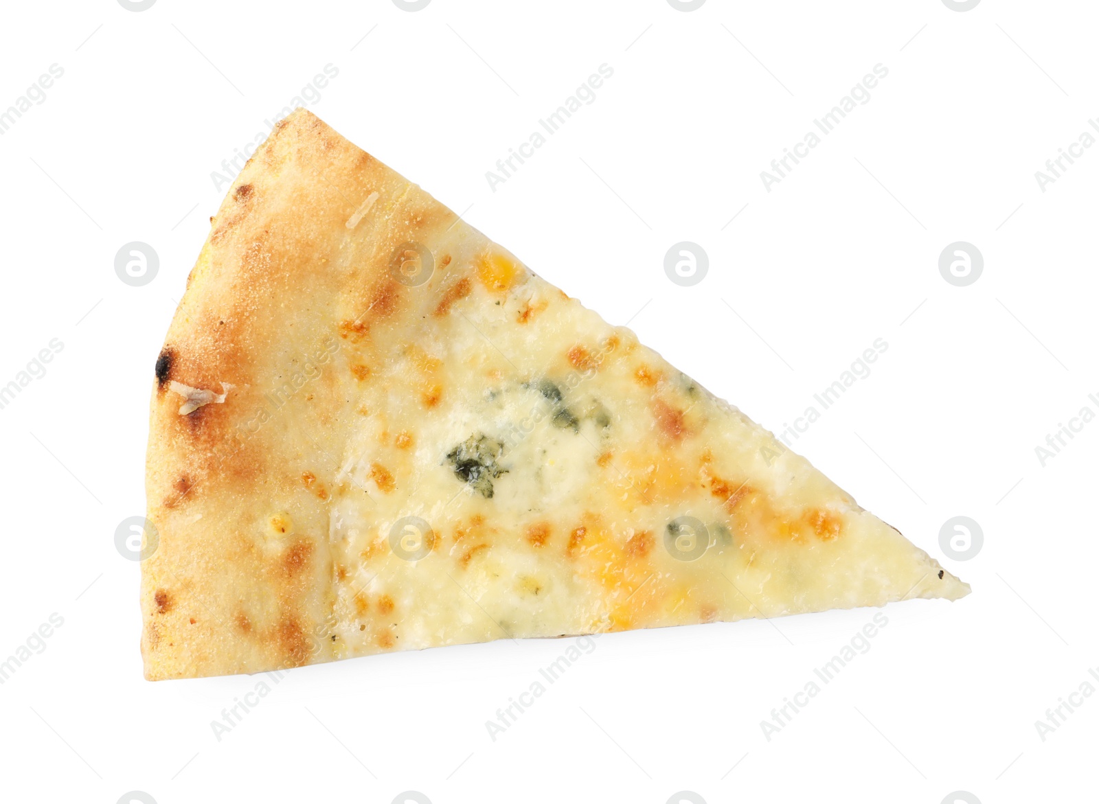 Photo of Piece of delicious cheese pizza isolated on white, top view