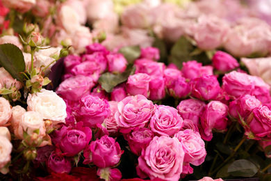 Photo of Beautiful fresh flowers as background, closeup. Floral decor