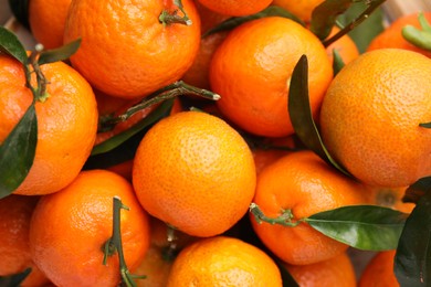 Photo of Fresh ripe tangerines and leaves as background, top view