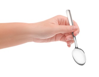 Woman holding new shiny spoon on white background, closeup