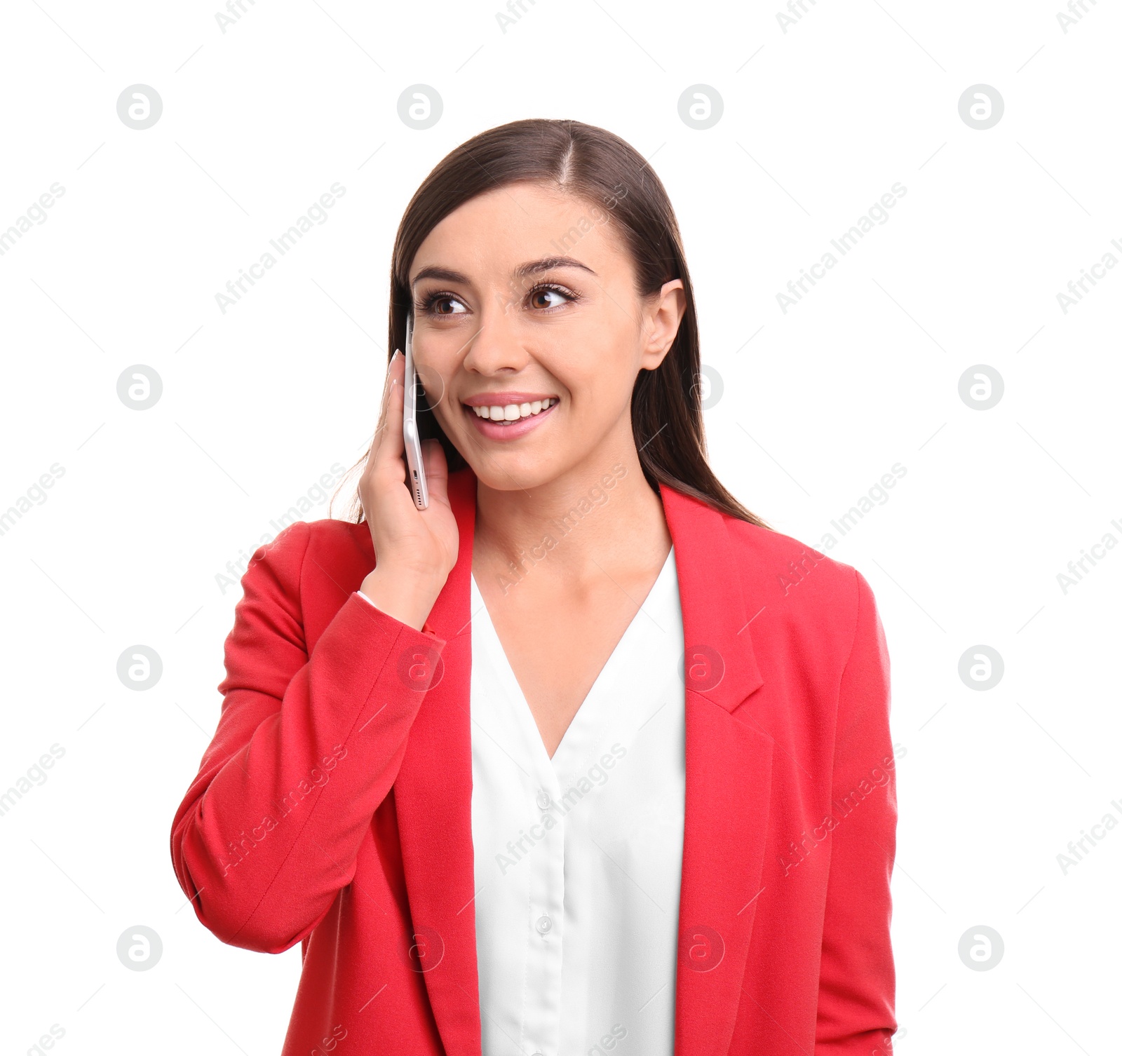 Photo of Young woman talking on phone against white background