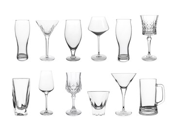 Image of Collage with different empty glasses on white background