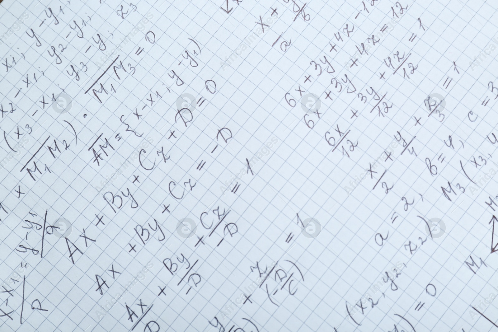 Photo of Sheet of paper with different mathematical formulas, top view