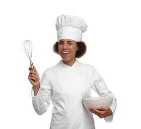 Photo of Happy female chef in uniform holding bowl and whisk on white background