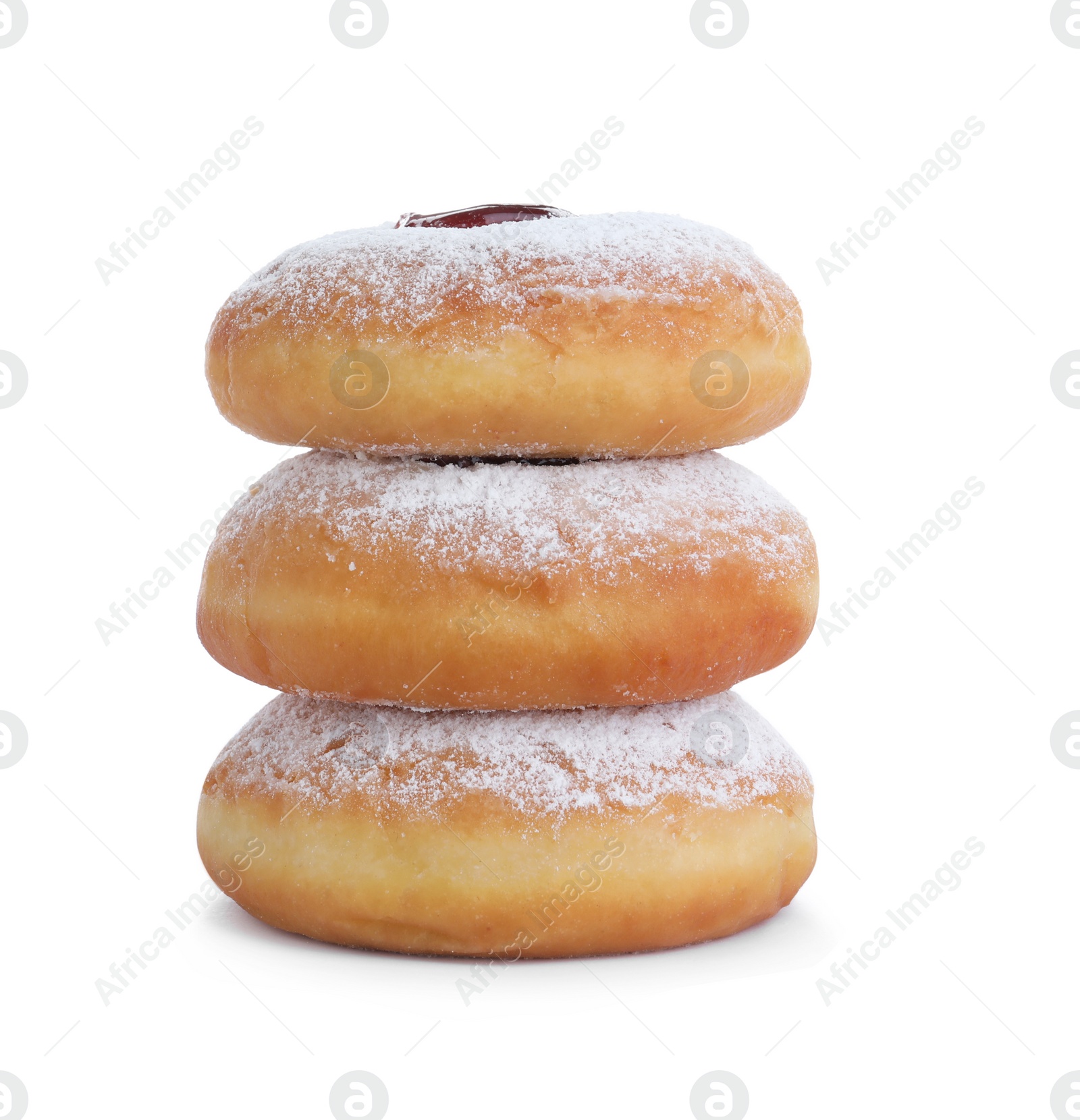 Photo of Hanukkah doughnuts with jelly and sugar powder on white background