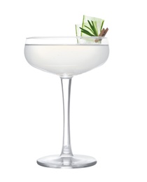 Glass of tasty martini with cucumber and rosemary on white background