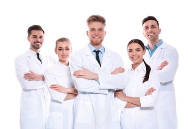 Photo of Group of medical doctors isolated on white. Unity concept