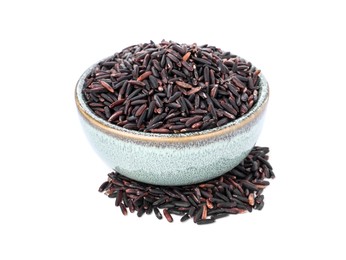 Photo of Bowl with raw black rice isolated on white