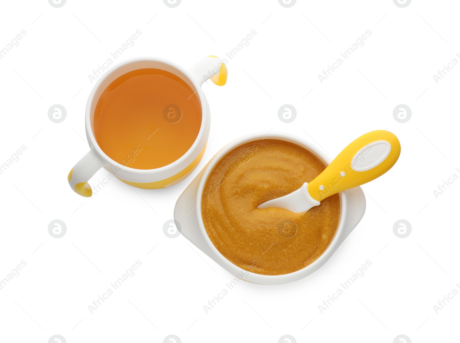 Photo of Healthy baby food in bowl and bottle with drink on white background, top view