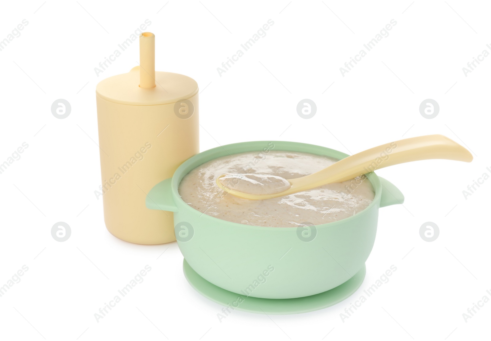 Photo of Healthy baby food in bowl and drink on white background