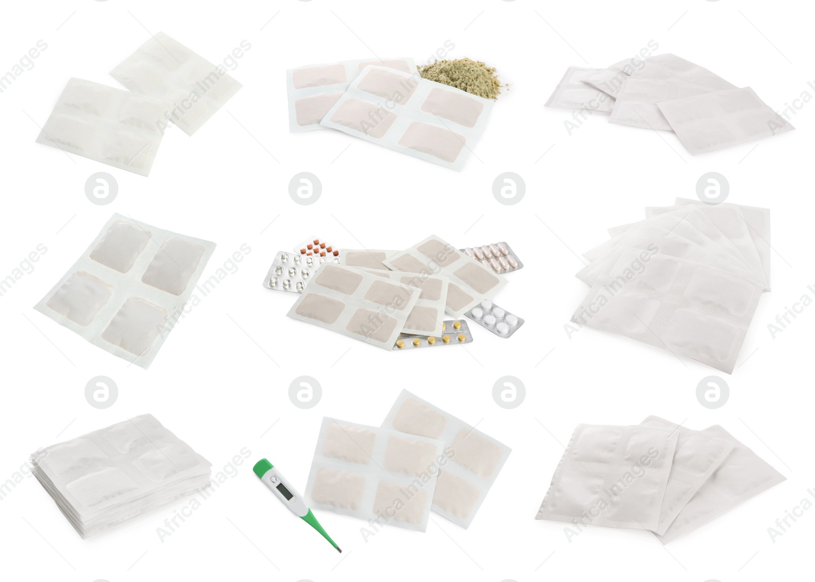 Image of Set with mustard plasters on white background