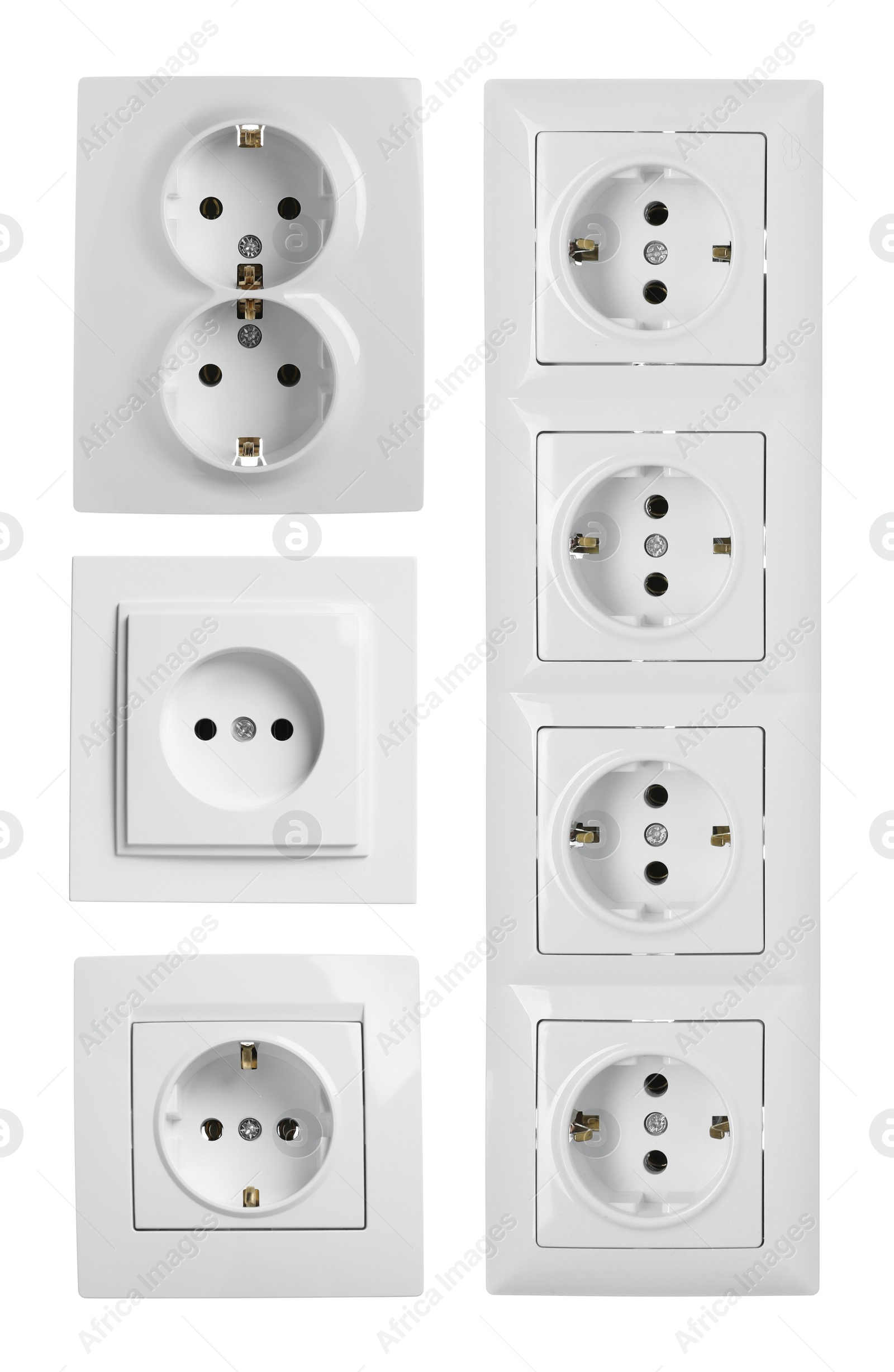 Image of Set with plastic power sockets on white background