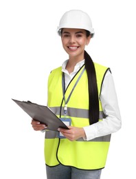 Engineer in hard hat holding clipboard on white background