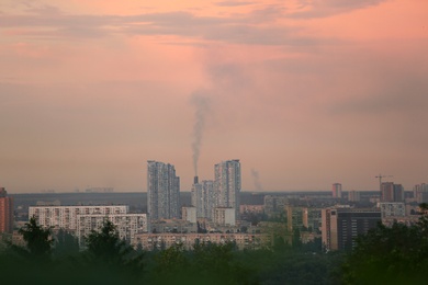 Photo of KYIV, UKRAINE - MAY 23, 2019: City district with modern buildings in evening