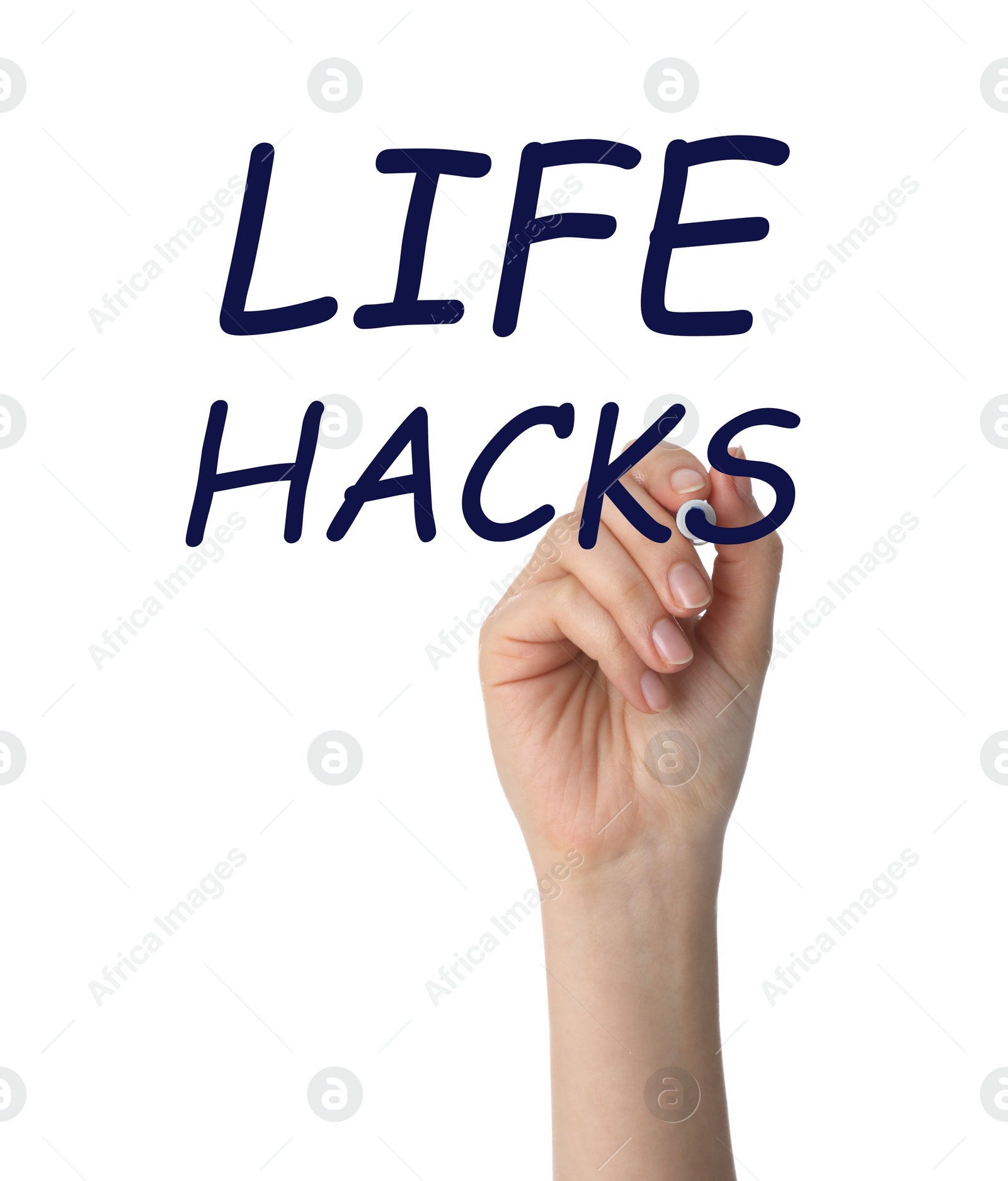 Image of Woman writing words Life Hacks with marker on glass board against white background, closeup