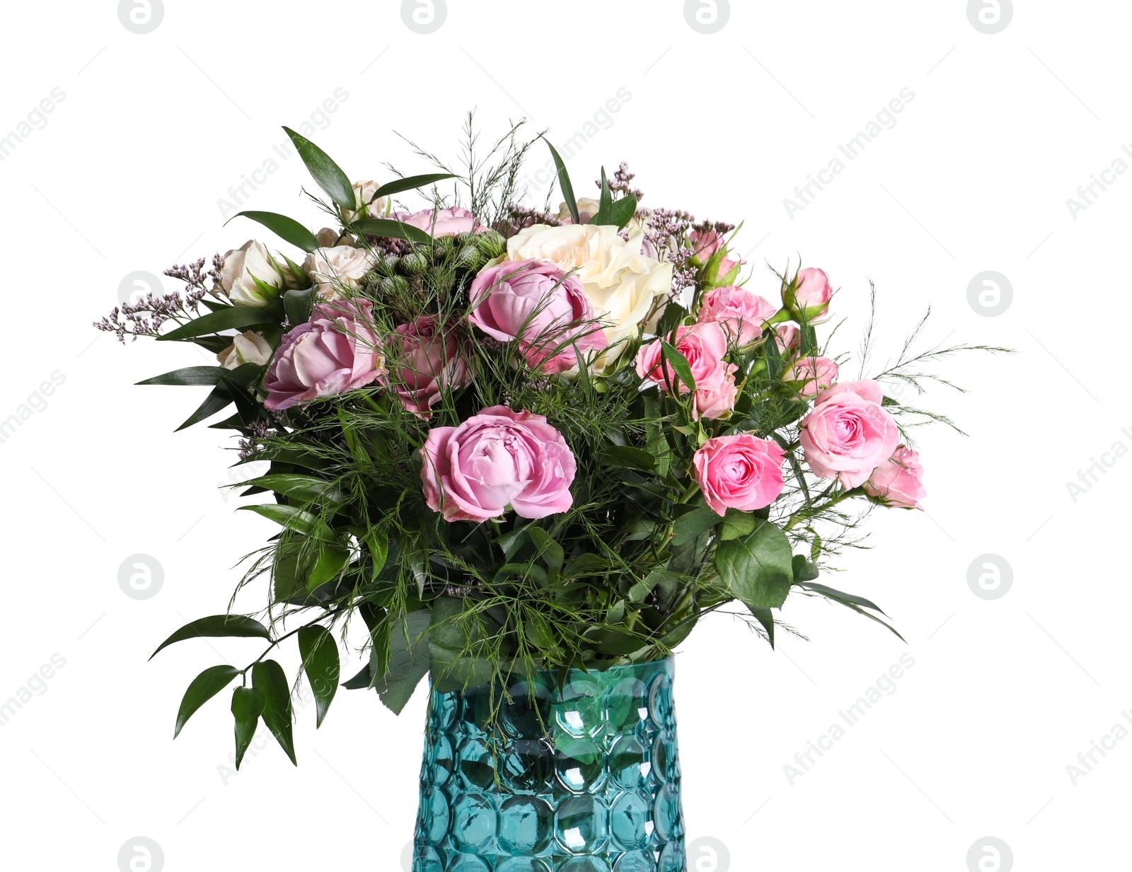 Photo of Beautiful bouquet with roses on white background. Space for text