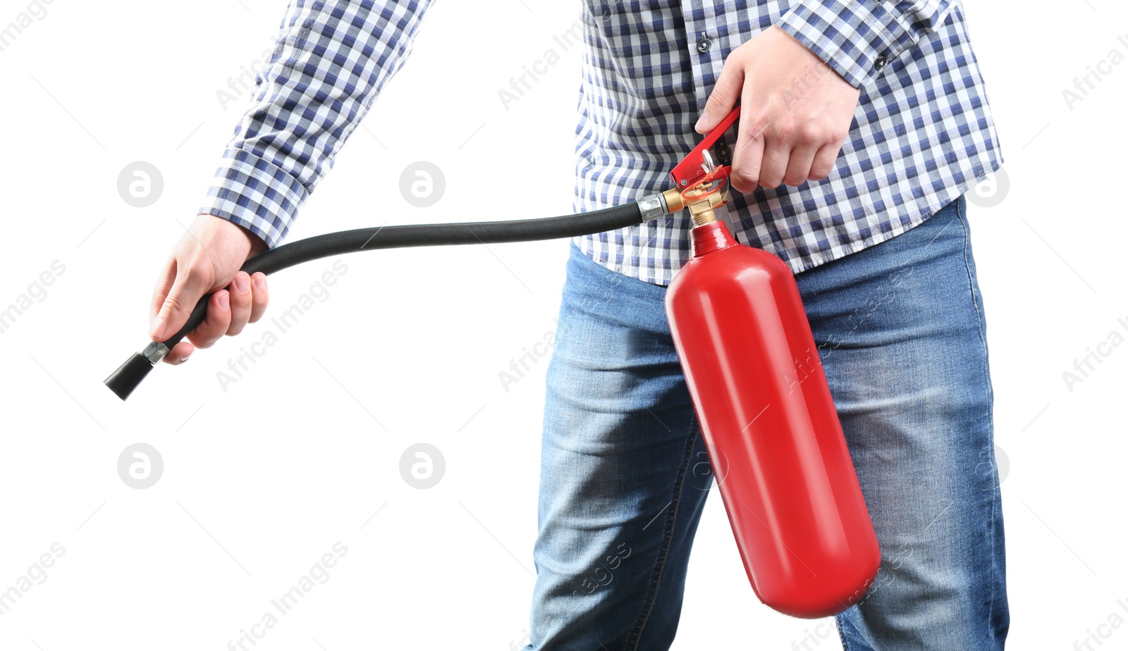 Photo of Man using fire extinguisher on white background, closeup