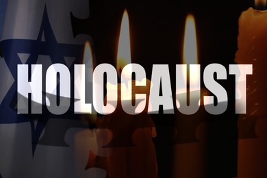 Holocaust memory day. Burning candles and flag of Israel, double exposure