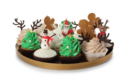 Tray with many beautiful Christmas cupcakes on white background